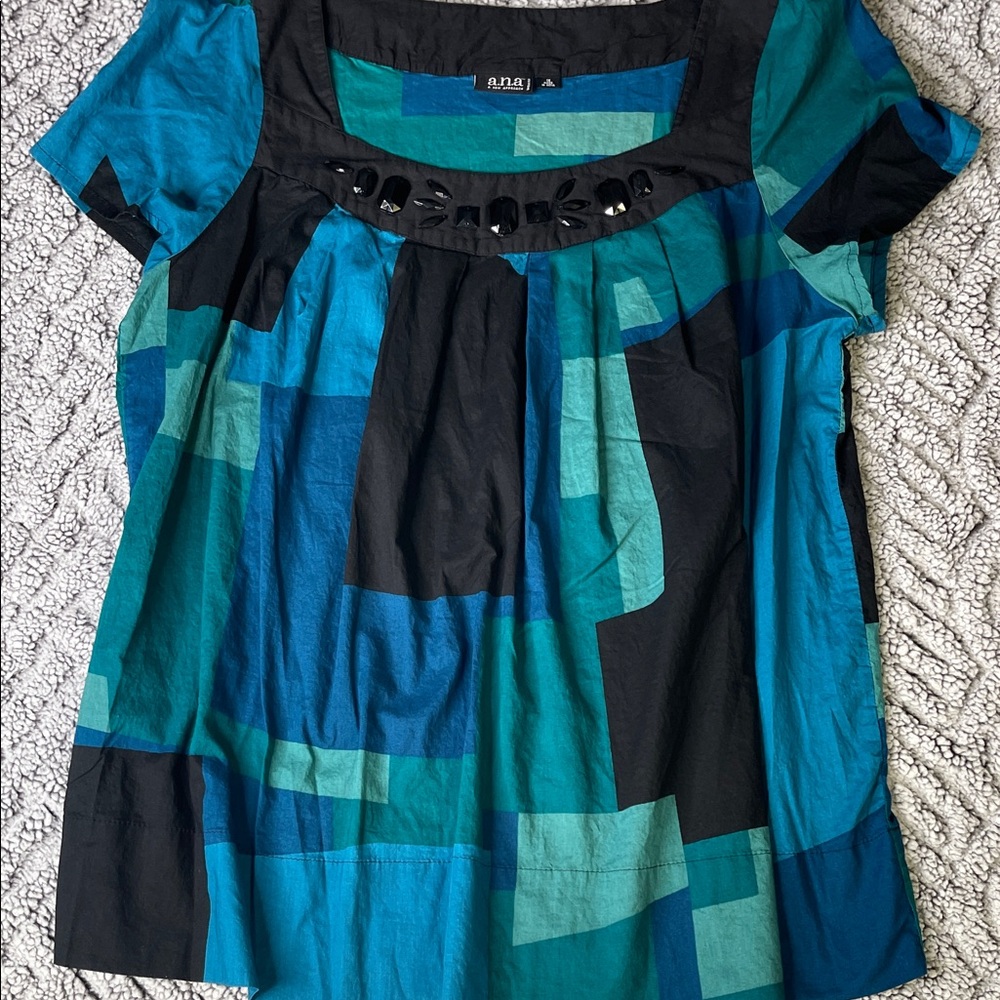 Stylish Geometric Blouse in Teal and Black